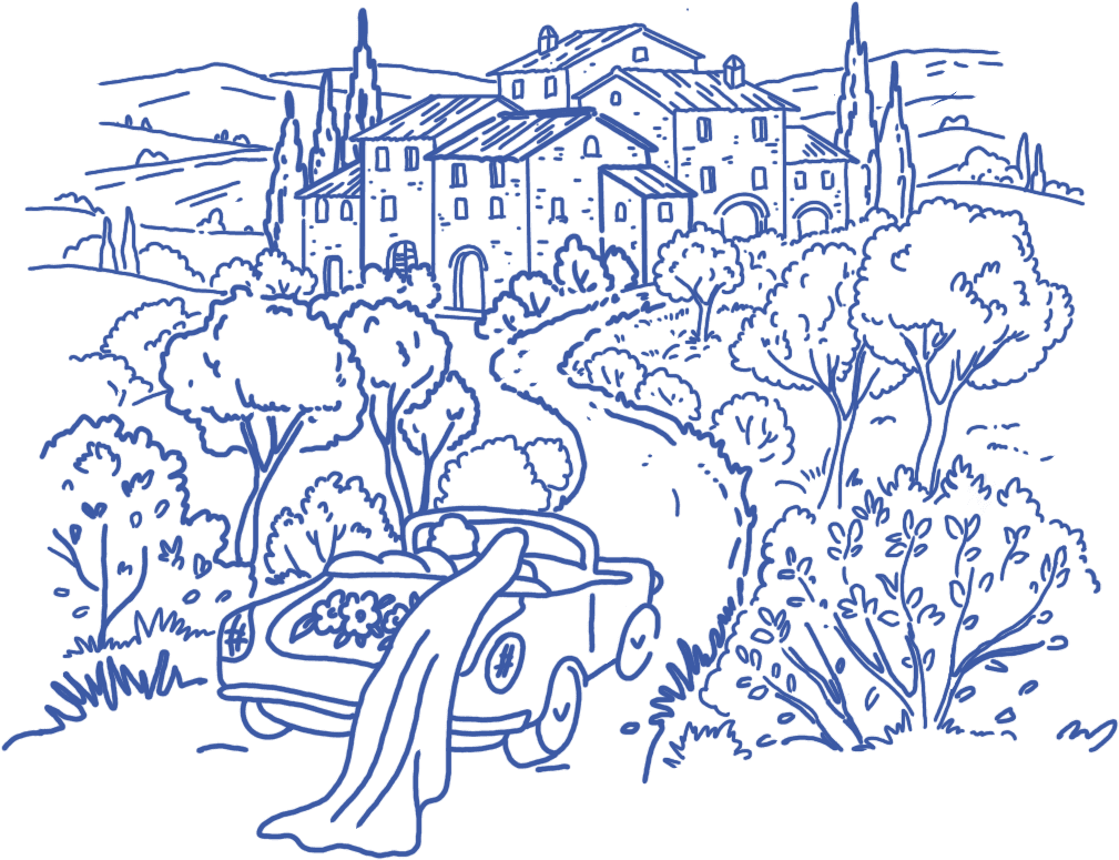 Hand-drawn illustration of a Tuscan villa